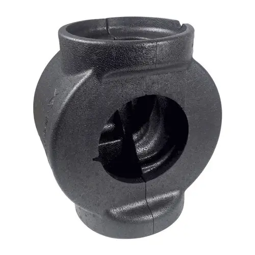 Schwarzer Dämmschalensatz für Umwälzpumpen von Grundfos, mit rundem, hohlem Design und einer klaren Öffnung in der Mitte.