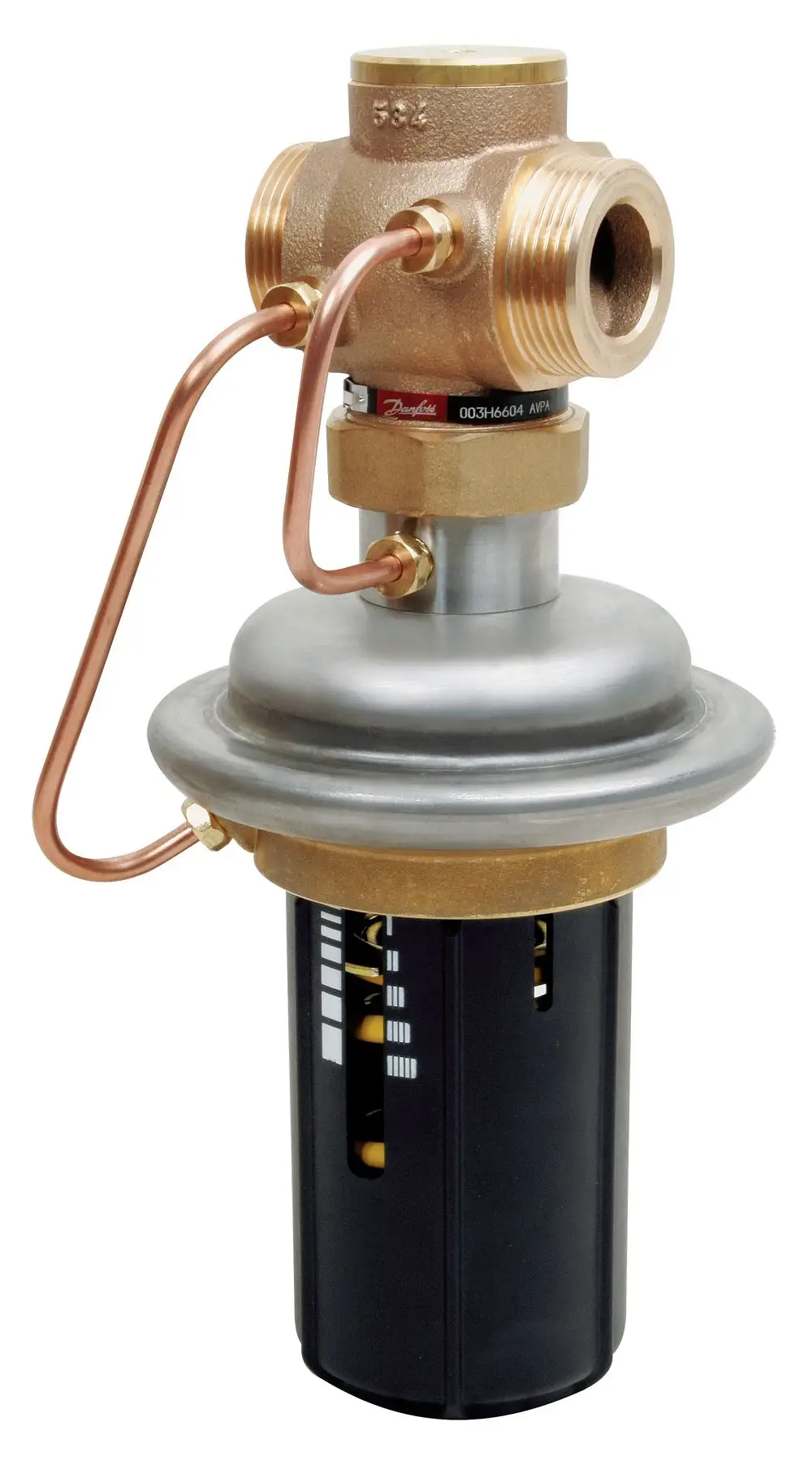 Danfoss-Druckregler mit einem zylindrischen Gehäuse, mehreren Anschlüssen und einer Metalloberfläche. Design zur Regelung des Drucks in Rohrleitungssystemen.