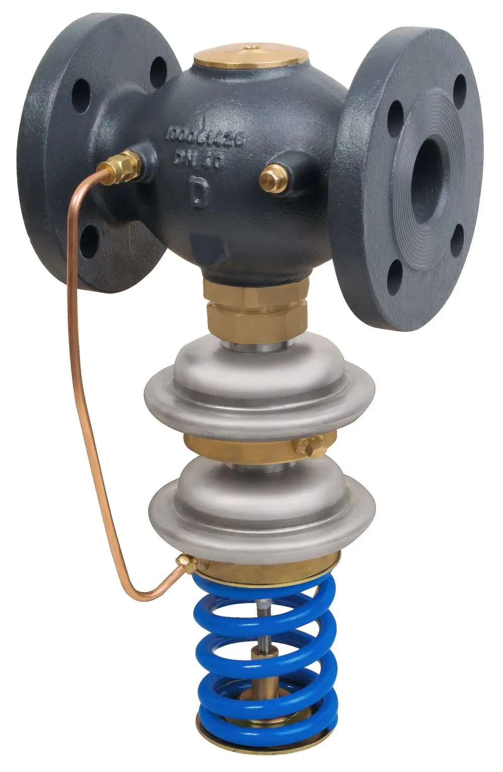 Danfoss Sicherheits-Überströmventil mit Flanschanschluss, robustes Metallgehäuse, Druckregulationsmechanismus und Federanordnung zur Druckentlastung.