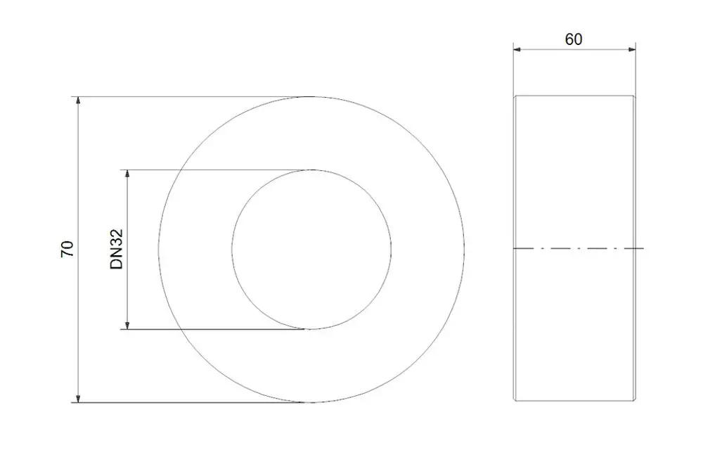Grundfos Zubehörteil, zylindrisches Distanzstück mit einem inneren Durchmesser, dargestellt aus der Seiten- und Vorderansicht, mit Maßangaben.