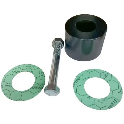 Schwarzes Distanzstück von Grundfos, umgeben von zwei grünen Dichtungen und einem Schraubenbolzen. Geeignet für Anwendungen mit Trockenläuferpumpen.