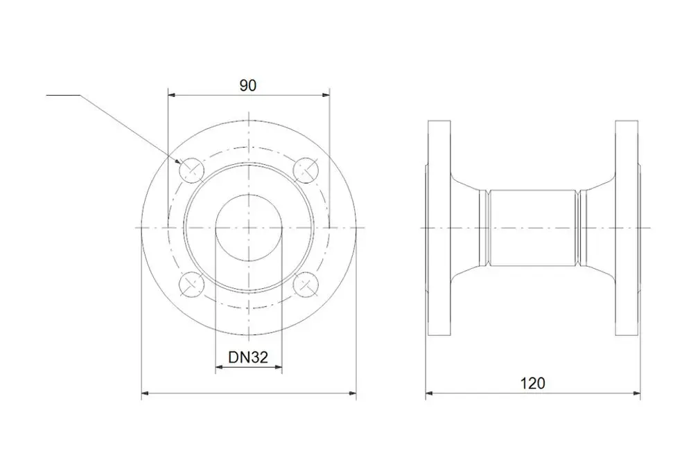 Adapterflansch von Grundfos für Trockenläuferpumpen. Runde Bauform mit zentralem Loch und vier Befestigungslöchern. Sichtbare Maße: Durchmesser 90 mm, Gesamtlänge 120 mm.