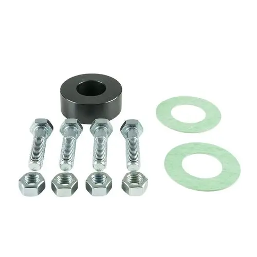 Montageset mit Bolzen, Unterlegscheiben und einem schwarzen Abstandshalter, geeignet für Grundfos Trockenläuferpumpen. Komponenten zur Festigung und Stabilisierung.