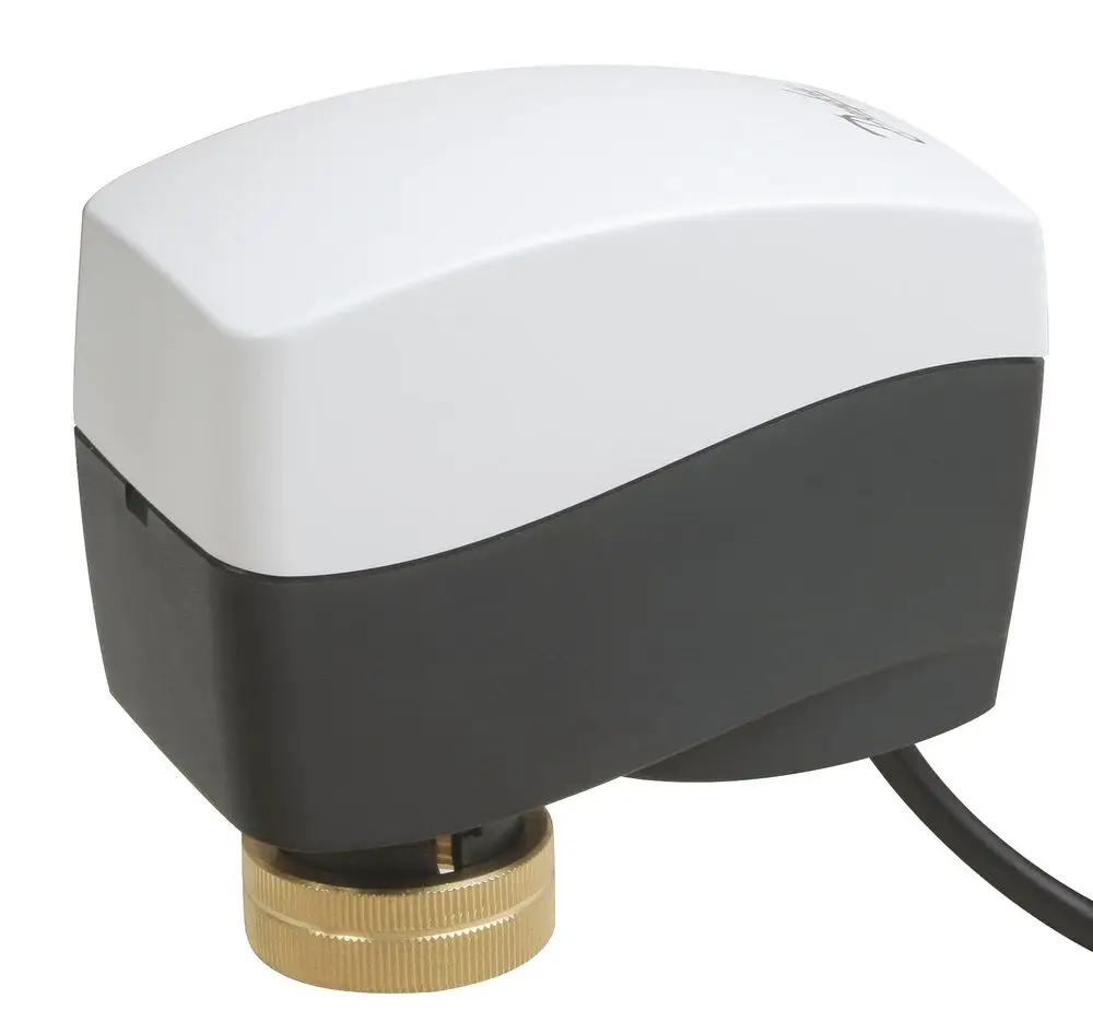 Danfoss elektrischer Stellantrieb in kompakter Bauform mit grauem und weißem Gehäuse und goldenem Anschluss, geeignet für Heizungsanwendungen.