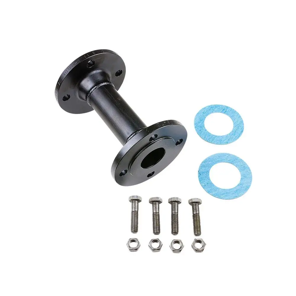 Adapterflansch aus Metall mit zwei flachen Anschlüssen, vier Schrauben und Unterlegscheiben. Teil von Grundfos Zubehör für Trockenläuferpumpen.