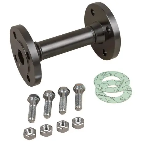 Adapterflansch von Grundfos mit zwei Flanschen und einer Verbindung in der Mitte, begleitet von Schrauben, Unterlegscheiben und Muttern für Montageanwendungen.
