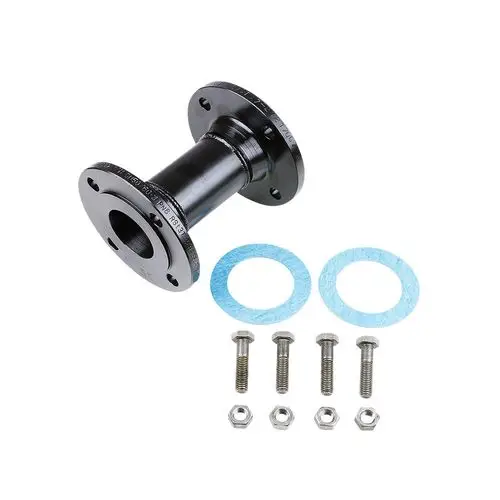 Schwarzer Adapterflansch von Grundfos mit zwei Flanschen, einer geraden Verbindung und Zubehörteilen, einschließlich Dichtungen, Schrauben und Unterlegscheiben.