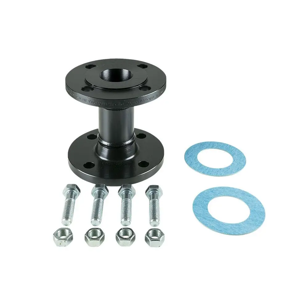 Adapterflansch von Grundfos für Trockenläuferpumpen, mit Edelstahlbolzen und Unterlegscheiben, in schwarzer Ausführung.