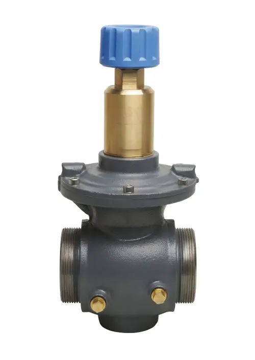 Danfoss-Strangdifferenzdruckregler mit blauem Einstellknopf und zwei Gewindeanschlüssen zur Druckregelung in Heizungs- und Kühlsystemen.