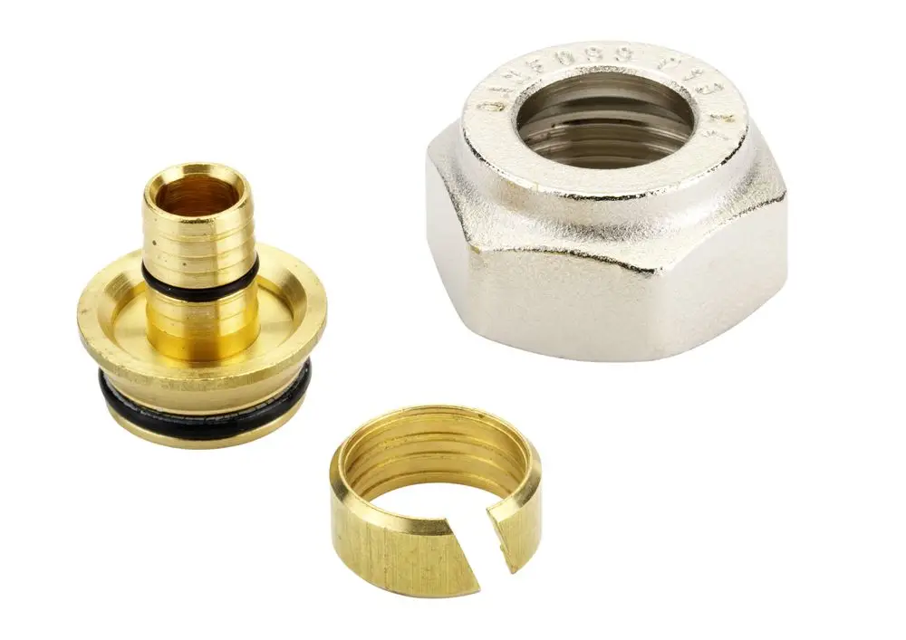 Klemmverbinder aus Messing mit einem G3/4IG Gewinde und umlaufender Dichtung. Enthält Komponenten zur Verbindung von Kunststoffrohren. Produkt von Danfoss.
