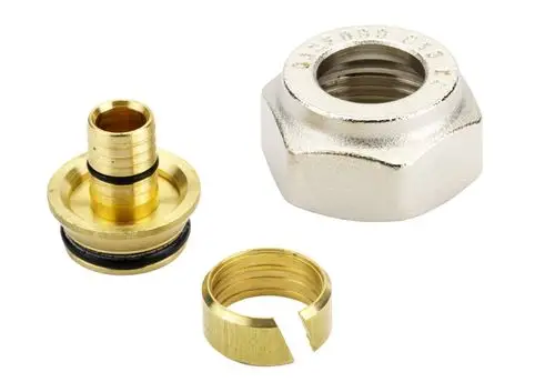 Klemmverbinder aus Messing mit einem G3/4IG Gewinde und umlaufender Dichtung. Enthält Komponenten zur Verbindung von Kunststoffrohren. Produkt von Danfoss.
