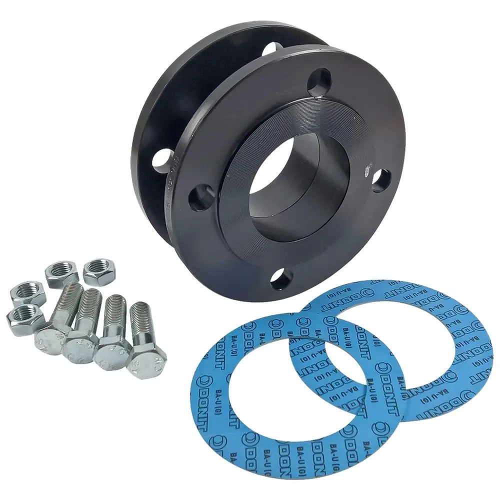 Grundfos Adapterflansch aus Metall mit zwei Löchern zur Befestigung sowie vier Schrauben und Unterlagen für den Einsatz bei Trockenläuferpumpen.