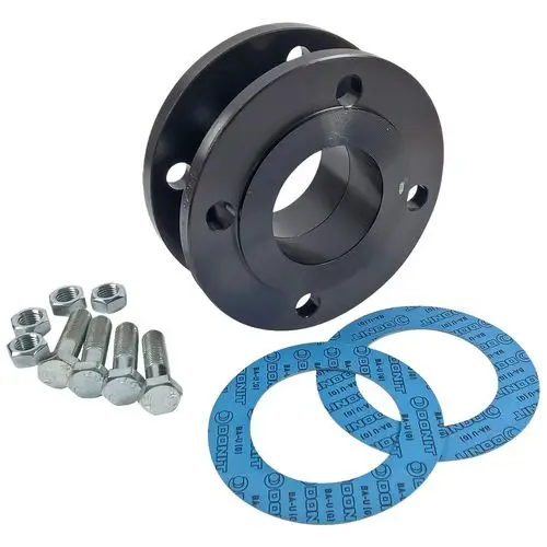 Grundfos Adapterflansch aus Metall mit zwei Löchern zur Befestigung sowie vier Schrauben und Unterlagen für den Einsatz bei Trockenläuferpumpen.