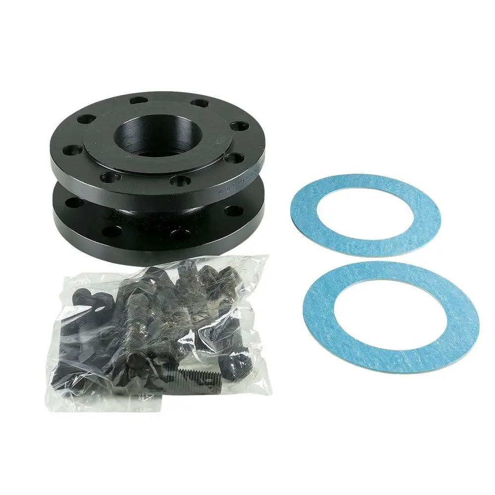 Zwei schwarze Adapterflansche, gesichert mit Bolzen und Dichtungen, passend für Grundfos Trockenläuferpumpen, angezeigt in einer Packung.