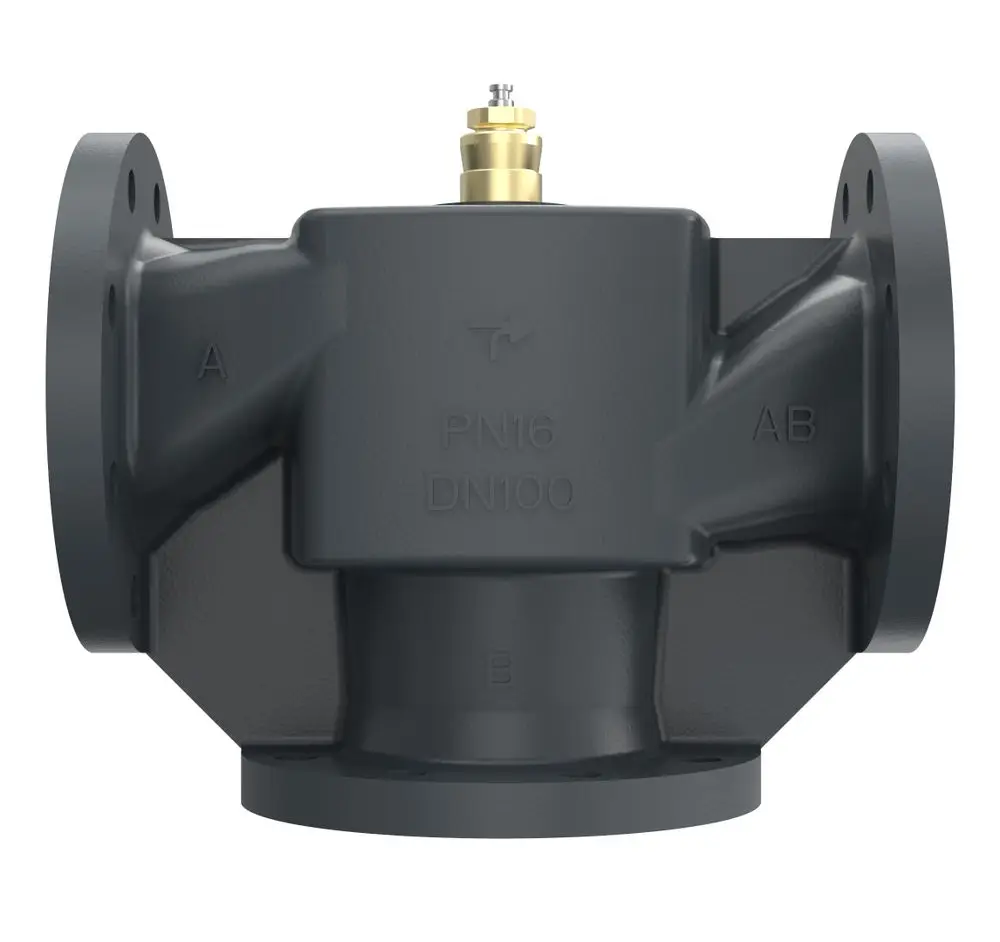 Danfoss 3-Wege-Mischventil mit zwei Anschlussöffnungen und einem zentralen Anschluss. Zustandsanzeige und Anschluss für Druckmessung sind sichtbar.