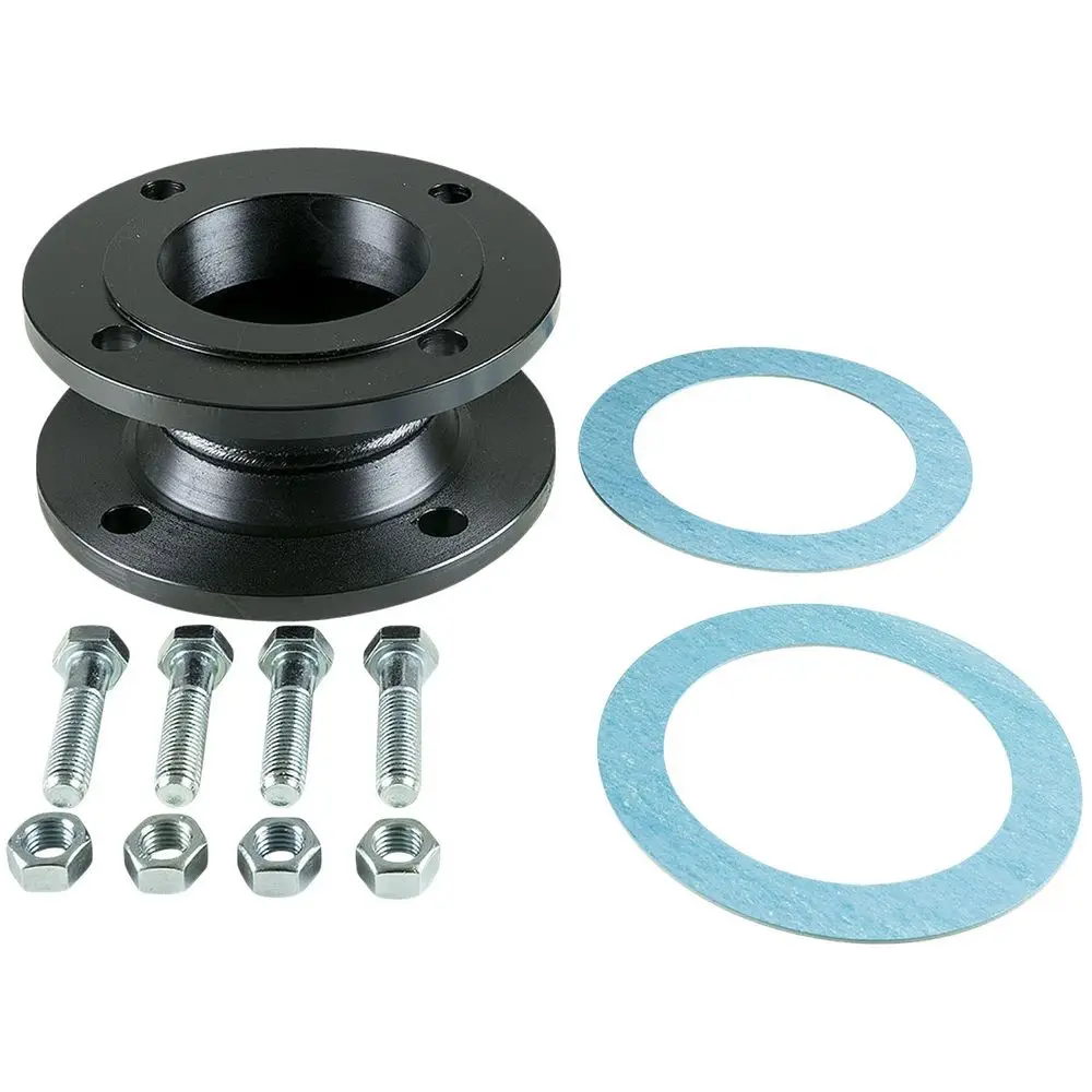 Adapterflansch für Pumpen von Grundfos, bestehend aus einem schwarzen Gehäuse und zwei Dichtungen, sowie Befestigungsschrauben und Unterlegscheiben.