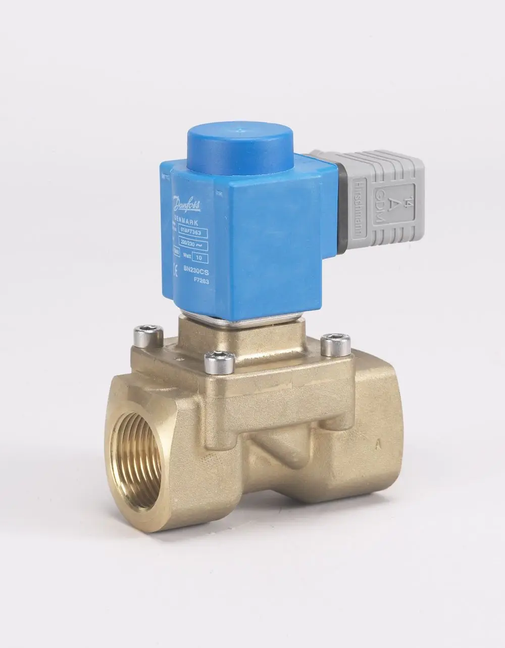 Magnetventil von Danfoss mit blauer Spule und Messinggehäuse. Anschluss mit Gewinde. Geeignet für Wasser und Dampf.