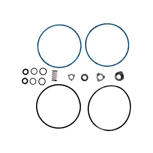 Ersatzteilset von Grundfos mit mehreren Ringen, Dichtungen und einer Feder, angeordnet auf einem weißen Hintergrund.