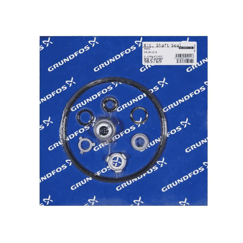 Ersatzteil-Kit von Grundfos mit verschiedenen Dichtungen und Ringen für eine Gleitringdichtung, auf blauem Hintergrund mit Grundfos-Logo.
