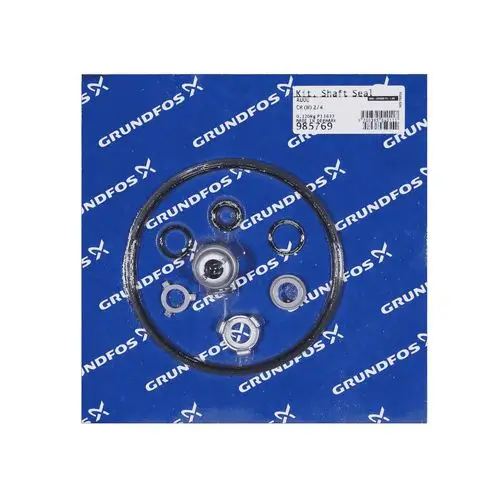 Ersatzteil-Kit von Grundfos mit verschiedenen Dichtungen und Ringen für eine Gleitringdichtung, auf blauem Hintergrund mit Grundfos-Logo.