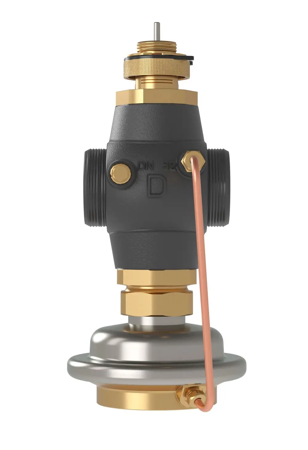 Volumenstromregler von Danfoss, mit metallischem und schwarzem Kunststoffgehäuse, Anschlüssen und Einstellmechanismus oben, für Wasseranwendungen geeignet.