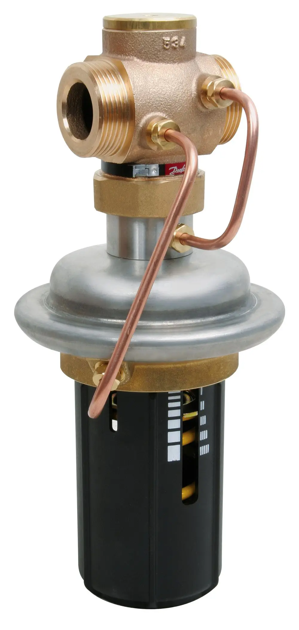 Danfoss-Diff-Druckregler mit zwei Kupferrohren und metallischen Komponenten. Er hat eine runde Basis und eine schwarze Zylinderkomponente mit Sichtfenstern zur Anzeige.
