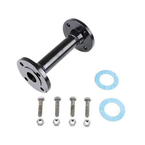Schwarzer Adapterflansch von Grundfos mit zwei Flanschen und einem Rohrstück. Mehrere Schrauben und Dichtungen liegen daneben. Ideal für die Montage mit Trockenläuferpumpen.