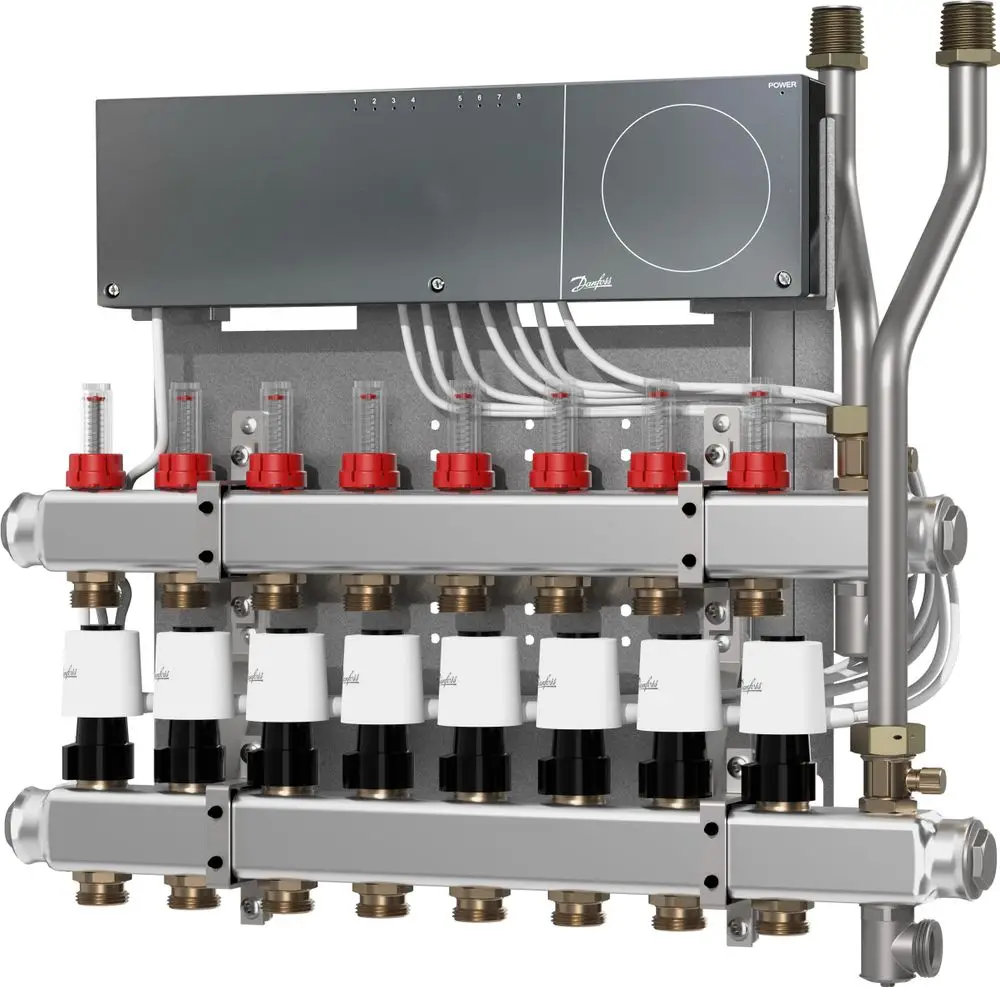 Heizkreisverteiler von Danfoss mit mehreren Heizkreisen, Verbindungsteilen und Kontrollanzeigen, montiert an einer stabilen Halterung.