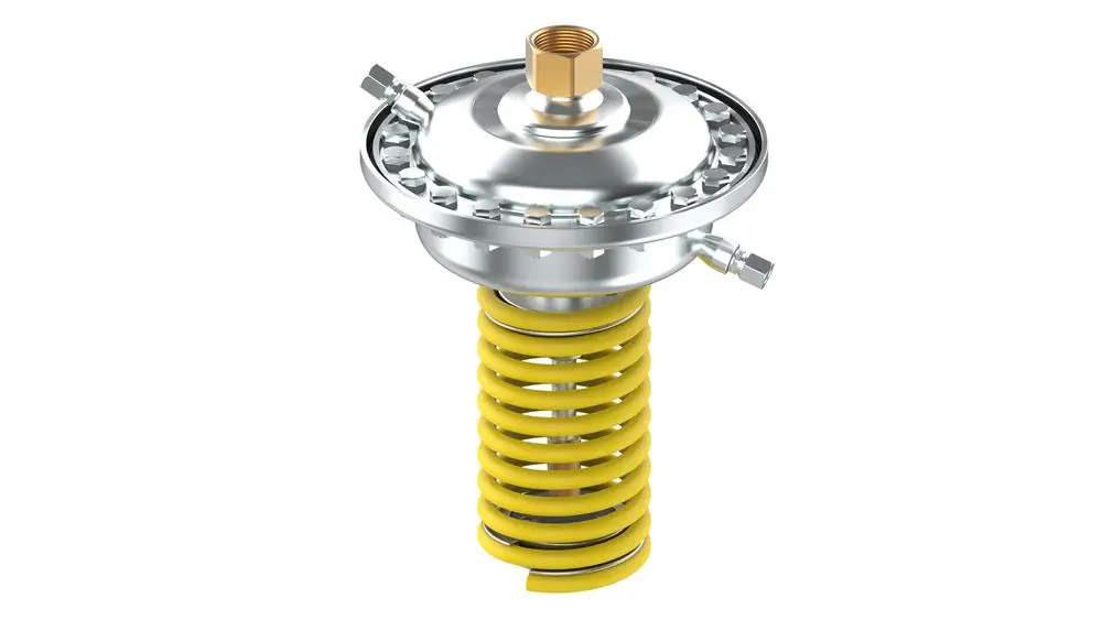 Danfoss-Differenzdruckregler mit metallischem Gehäuse und gelber Spiralfeder, geeignet für präzise Druckregelung in Heizungsanwendungen.