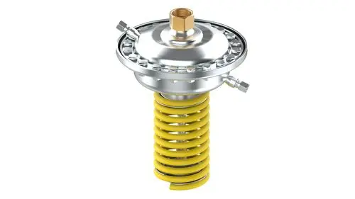 Danfoss-Differenzdruckregler mit metallischem Gehäuse und gelber Spiralfeder, geeignet für präzise Druckregelung in Heizungsanwendungen.