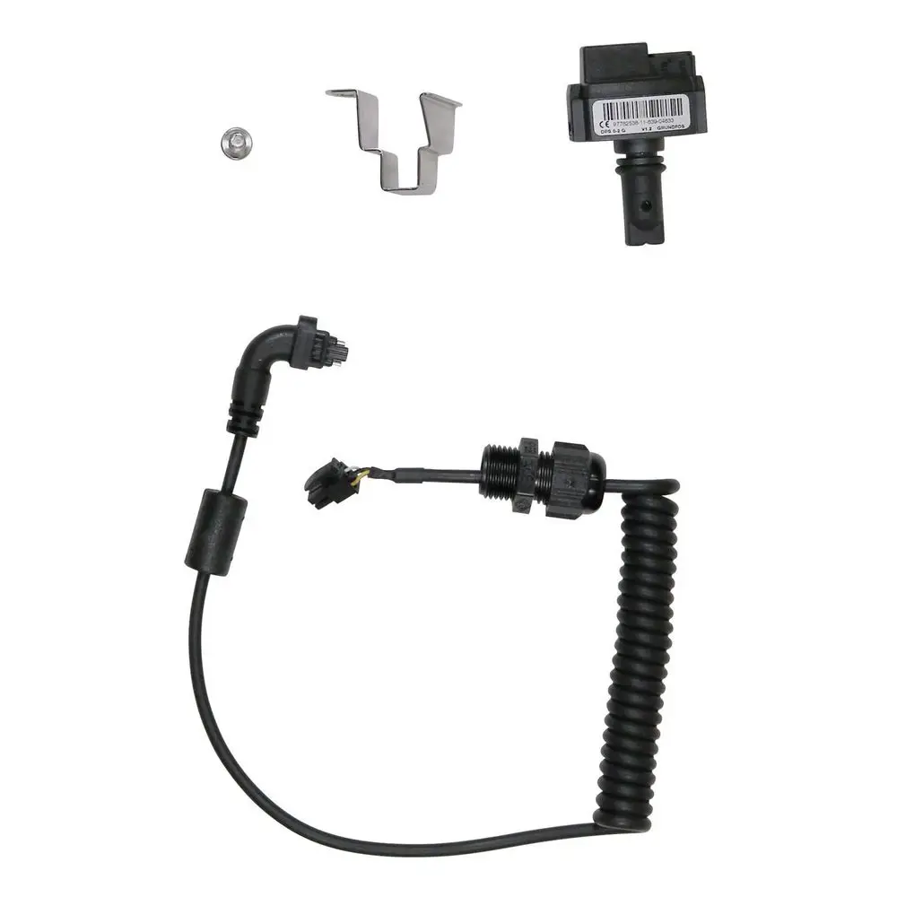 Ersatzteil-Kit von Grundfos mit verschiedenen Komponenten, darunter Kabel und Sensor, angeordnet auf hellem Hintergrund.