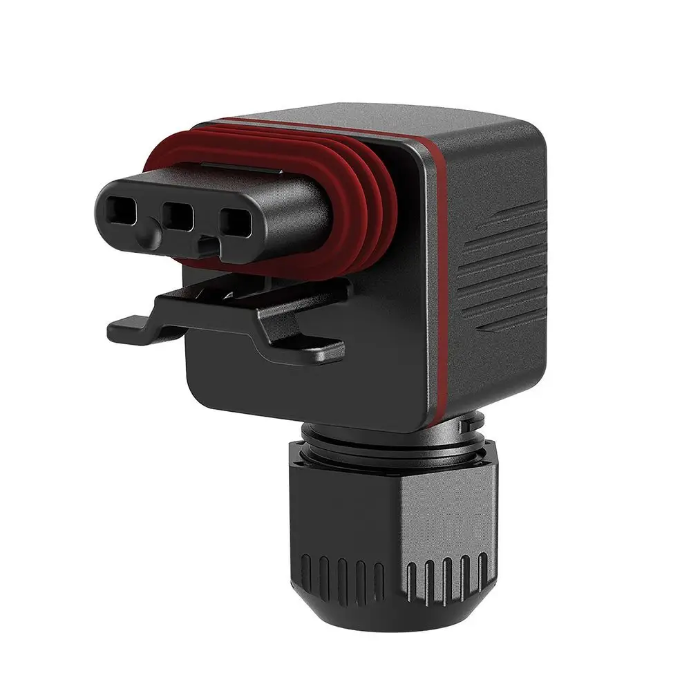 Stecker für Umwälzpumpen von Grundfos, abgewinkelt, mit drei Anschlüssen und einer Sicherungsklemme. Der Anschluss ist schwarz mit roten Dichtungsringen.