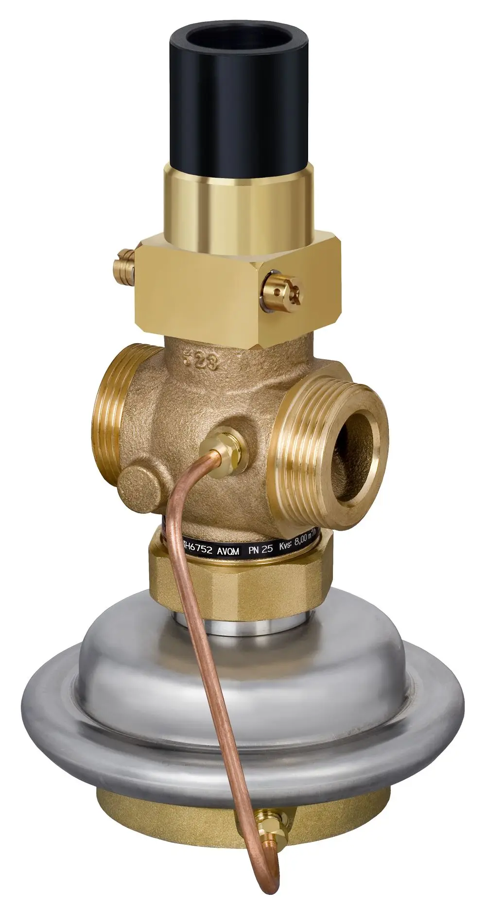 Danfoss Durchflussregelventil in Metallausführung, mit mehreren Anschlüssen und einem verchromten Teil. Sichtbare Rohre und Verbindungselemente.