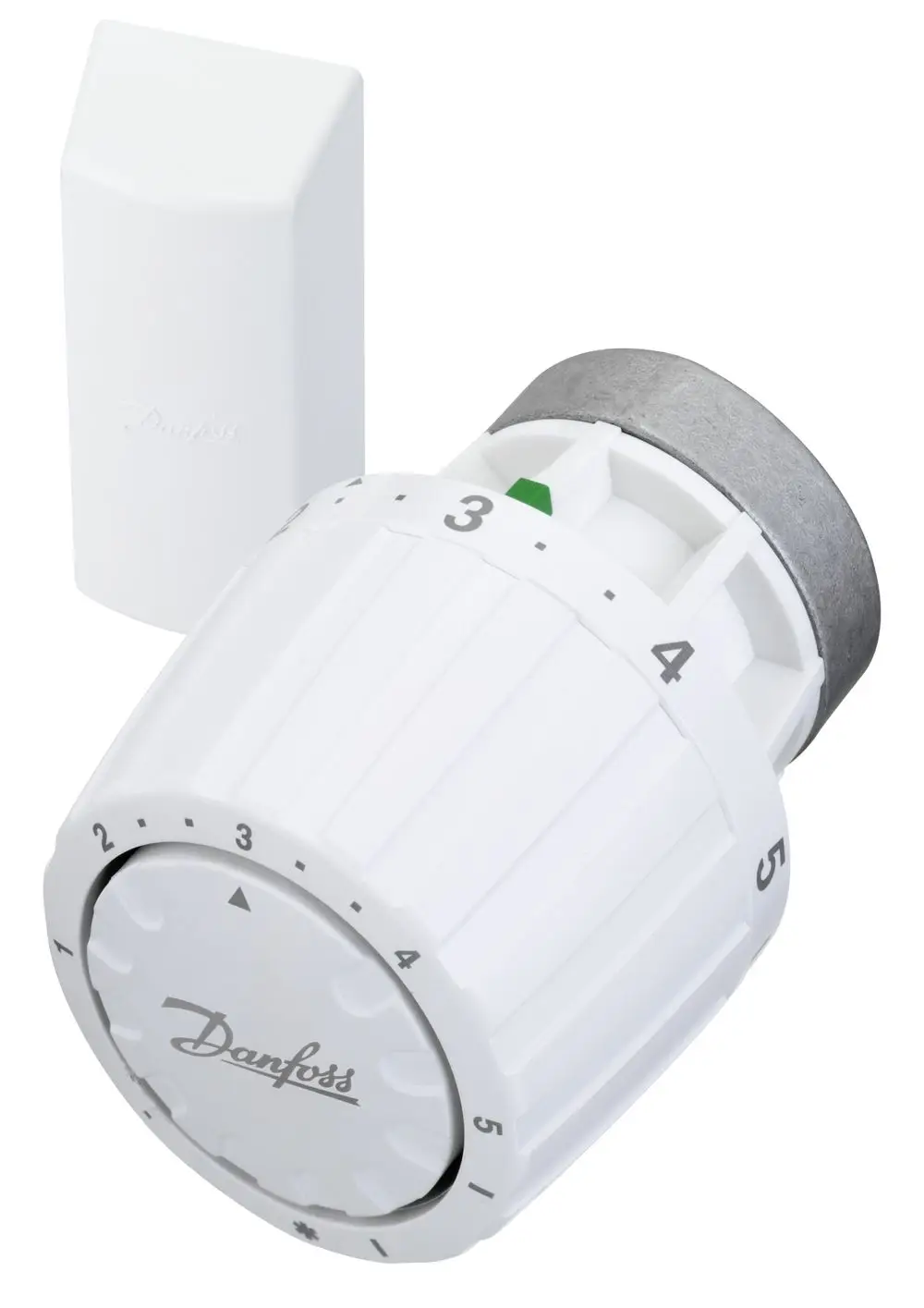 Weißer Thermostatkopf von Danfoss mit Einstellskala von 1 bis 5 und einem grünen Indikator, daneben ein Gehäuse mit der Marke Danfoss.