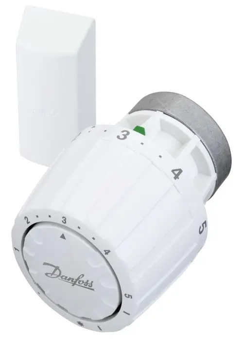 Weißer Thermostatkopf von Danfoss mit Einstellskala von 1 bis 5 und einem grünen Indikator, daneben ein Gehäuse mit der Marke Danfoss.