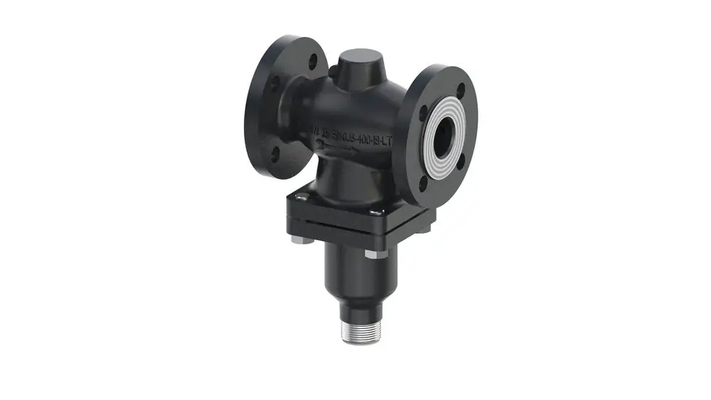 Durchgangsventil von Danfoss mit Flanschen, Anschluss für Rohre und einer schwarzen Oberfläche, geeignet für verschiedene Anwendungen in der Hydraulik.