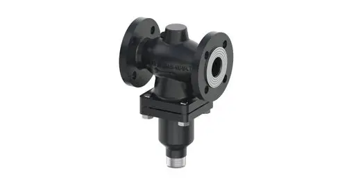 Durchgangsventil von Danfoss mit Flanschen, Anschluss für Rohre und einer schwarzen Oberfläche, geeignet für verschiedene Anwendungen in der Hydraulik.