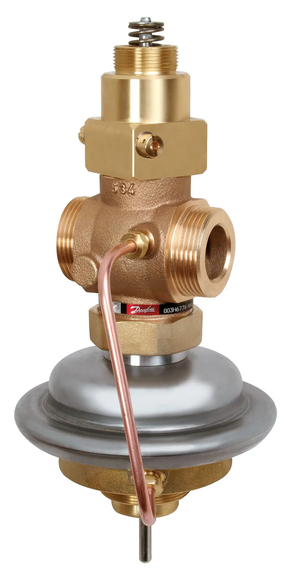 Danfoss Regelventil aus Messing mit einem Anschluss für Flansche. Das Ventil hat eine rostfreie, halbrunde Abdeckung und eine seitliche Kupferleitung für die Steuerung.