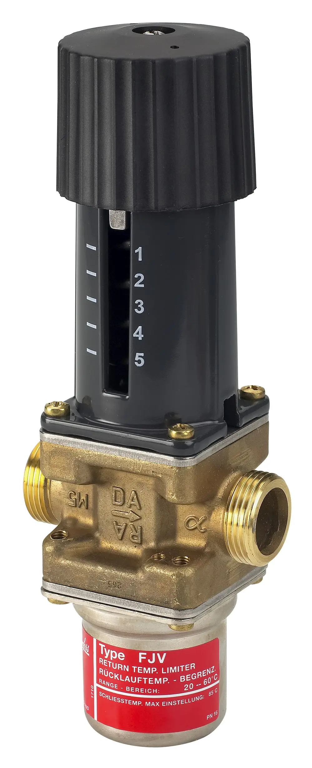 Danfoss Rücklauftemperaturbegrenzer mit Kunststoffoberteil und Messskala, Anschluss an Heizsystem, zur Regelung der Rücklauftemperatur zwischen 20 und 60°C.