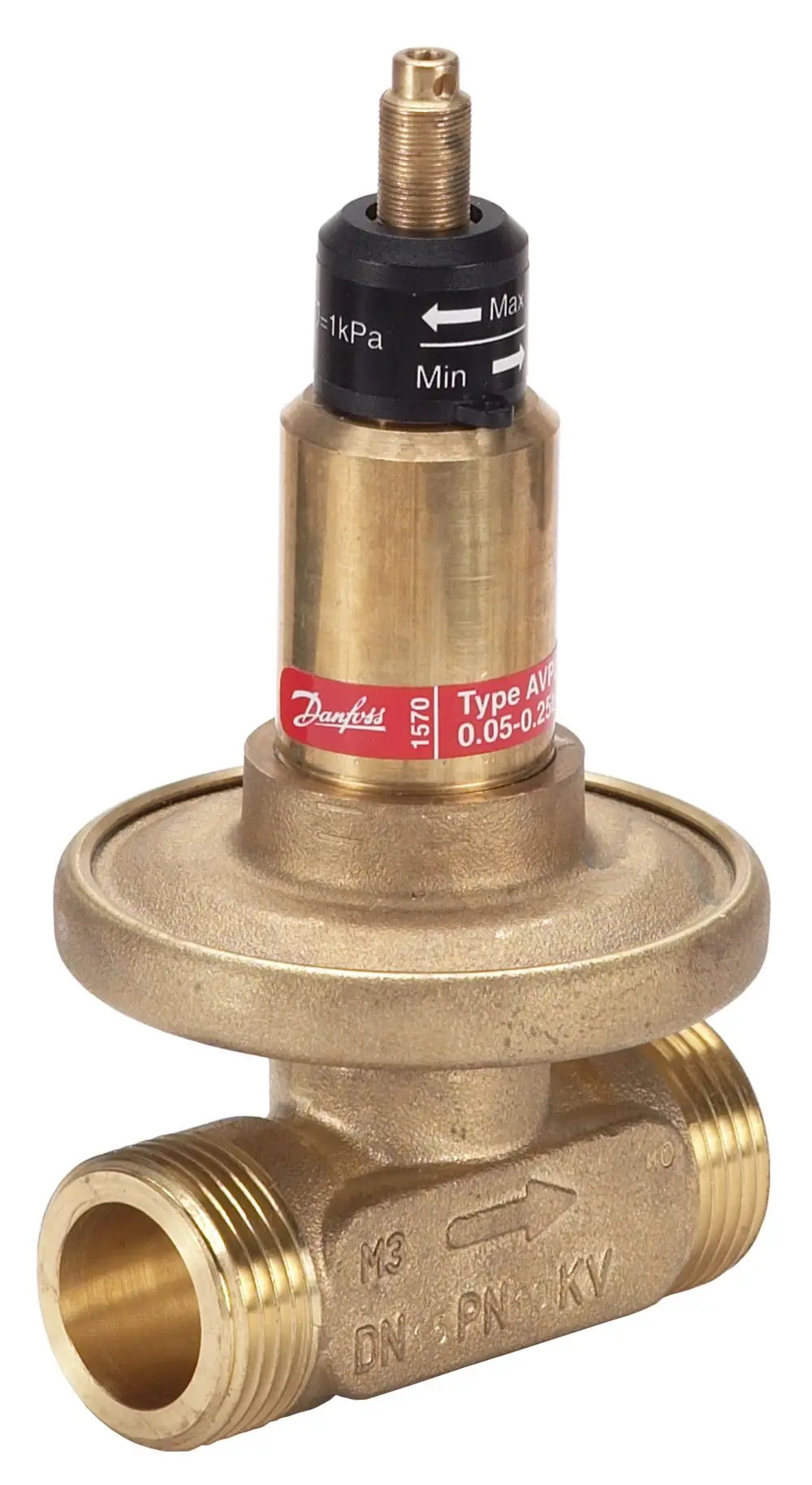 Danfoss Differenzdruckregler mit einem metallischen Gehäuse, Anschlüssen, Einstellknopf und Skala für minimalen und maximalen Druck.