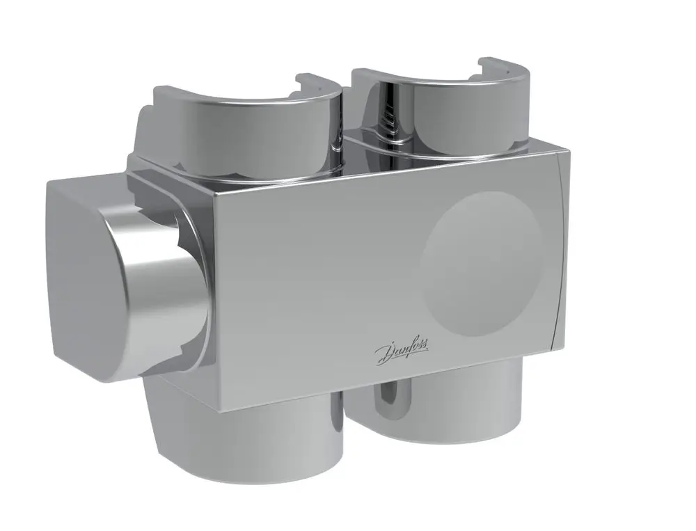 Danfoss Produkt mit zwei runden Reglern und einem zentralen Verbindungselement, aus verchromtem Material, zur Steuerung von Heizkörpern.