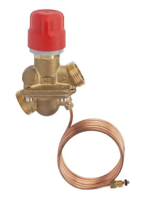 Danfoss Differenzdruckregler mit einem rot markierten Kopf, zwei Anschlussgewinden und einer Kupferleitung, geeignet zur Regelung des Drucks in Heizungs- oder Kühlanlagen.