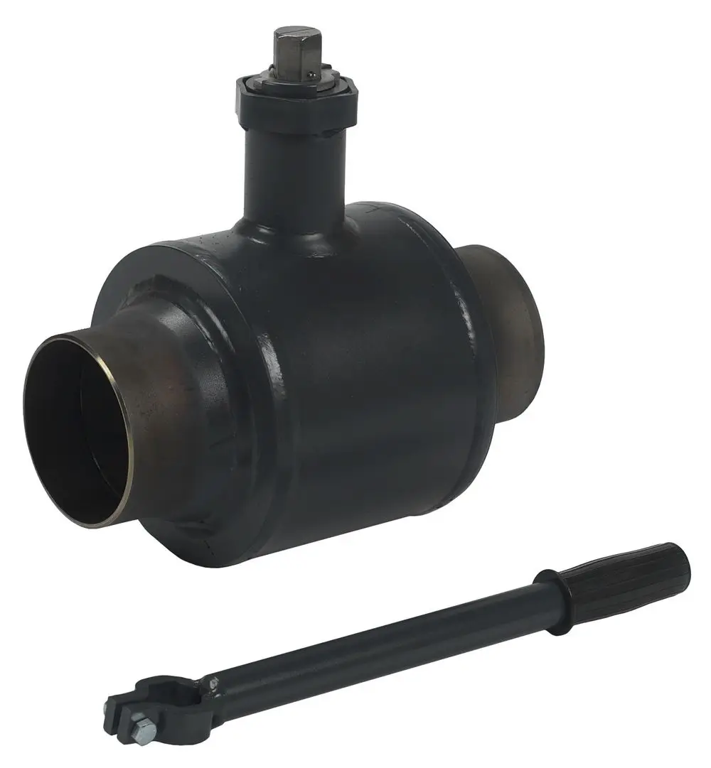 Kugelhahn von Danfoss mit einem runden Gehäuse und einem seitlichen Betätigungshebel. An einer Seite befindet sich eine offene Schnittstelle für die Rohrverbindung.