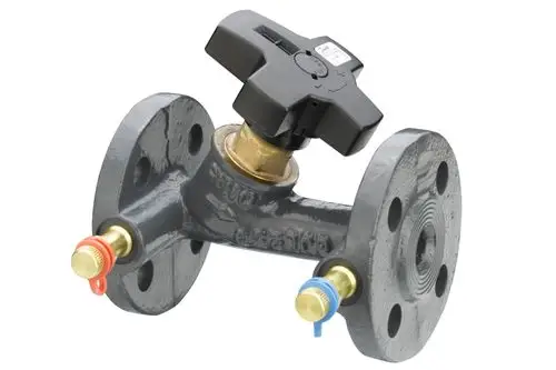 Danfoss Strangregulier- und Messventil mit Flanschanschlüssen, Messnippel und Regelmechanismus, geeignet für verschiedene Anwendungen in der Heizungs- und Sanitärtechnik.