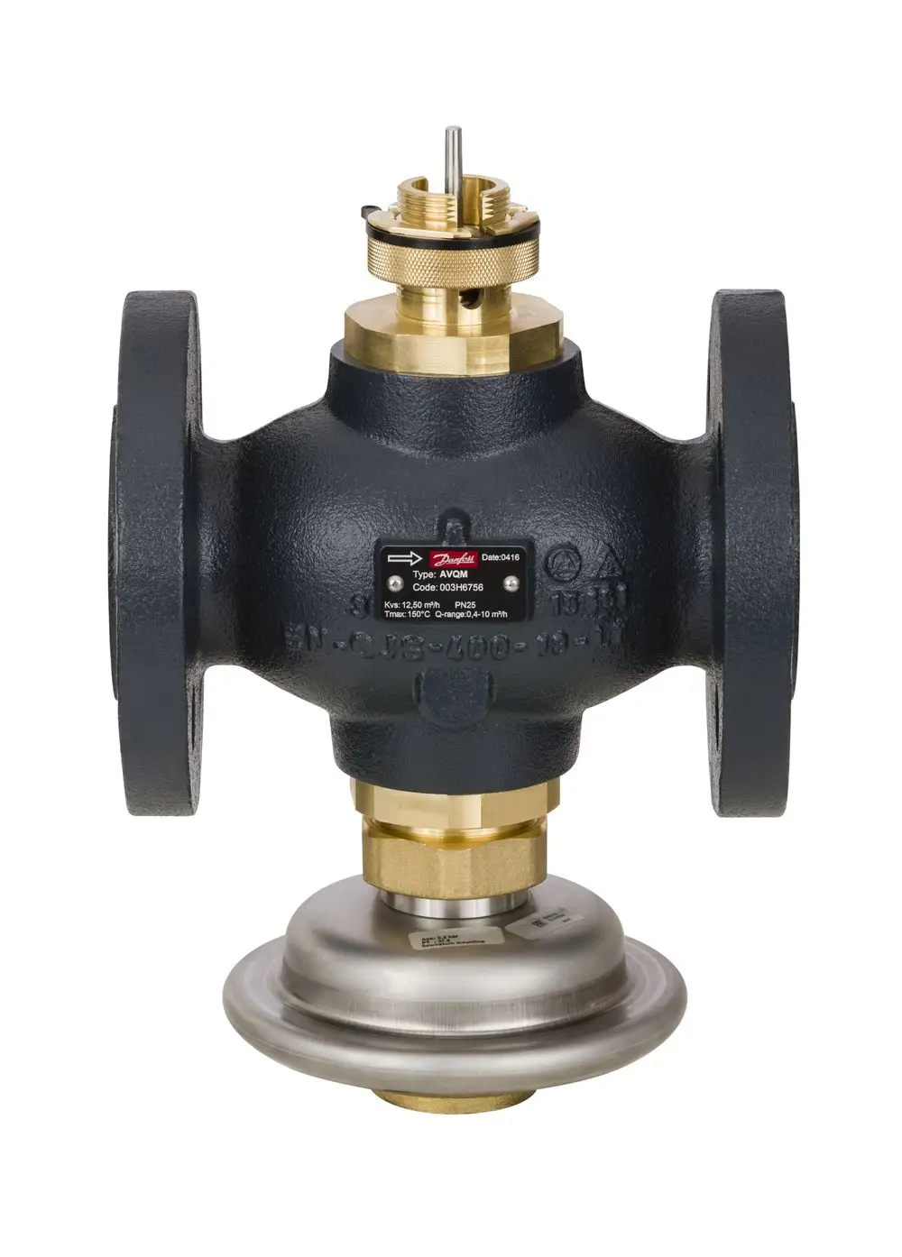 Danfoss-Regelventil mit Flanschverbindung, aus GGG gefertigt. Sichtbare Stellschraube und Kennzeichnung auf dem Ventilkörper.