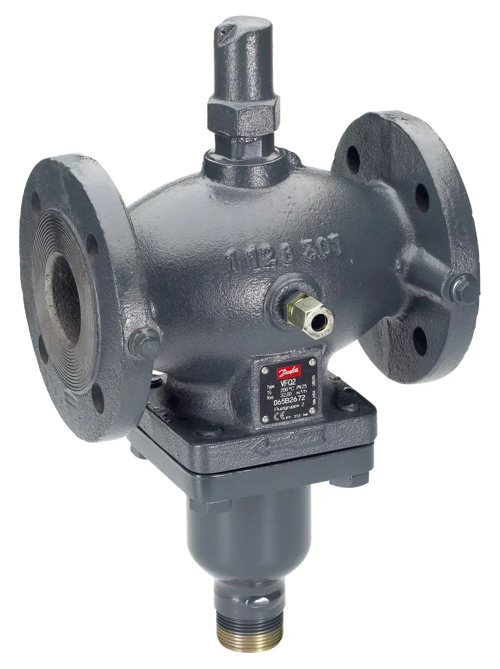 Durchgangsventil aus Gusseisen mit Flanschen, ausgestattet mit einem Druckregelmechanismus von Danfoss und geprägtem Typenschild. Verbindungselemente sind gut erkennbar.