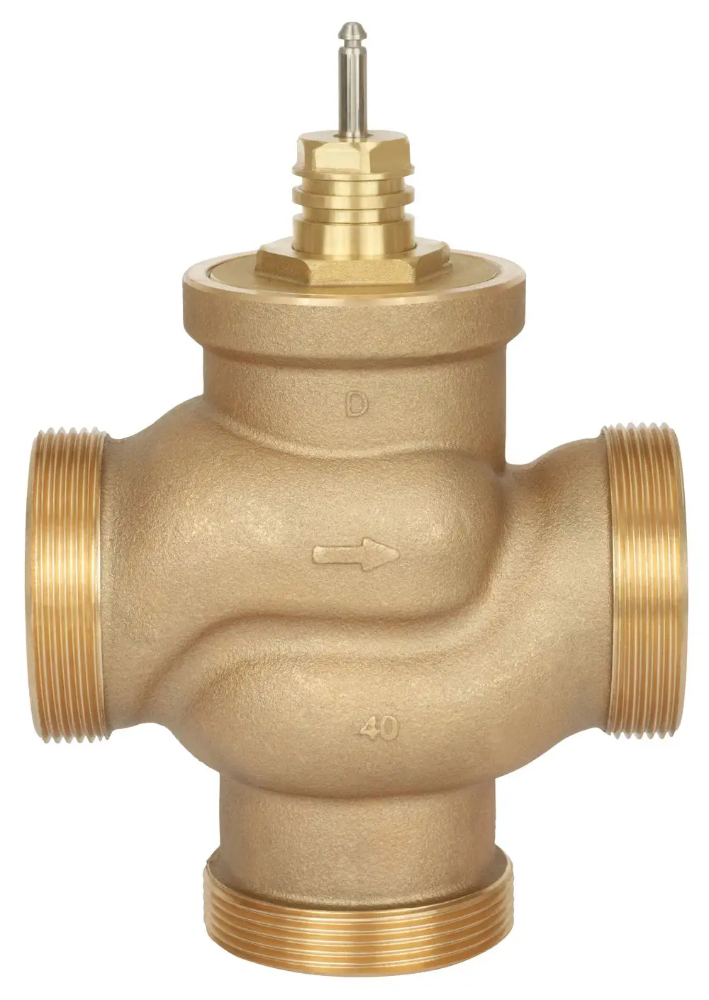 Danfoss 3-Wege-Mischventil mit drei Anschlussmöglichkeiten und einem zentralen Klappenmechanismus zur Regelung des Wasserdurchflusses. Gehäuse aus Messing.