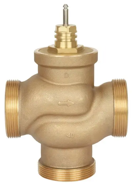 Danfoss 3-Wege-Mischventil mit drei Anschlussmöglichkeiten und einem zentralen Klappenmechanismus zur Regelung des Wasserdurchflusses. Gehäuse aus Messing.