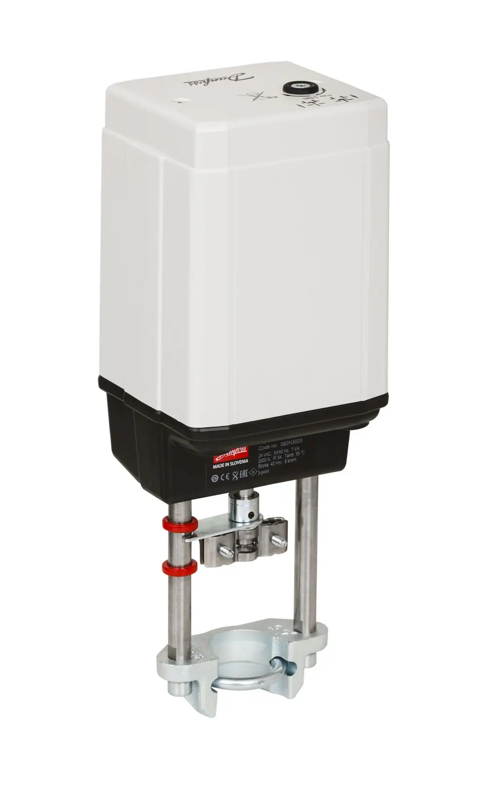 Elektrischer Stellantrieb von Danfoss mit Steuerungseinheit, Anschlussstangen und Montagehalterung. Geeignet für Anwendungen zur Regelung von Heizungs- oder Kühlsystemen.