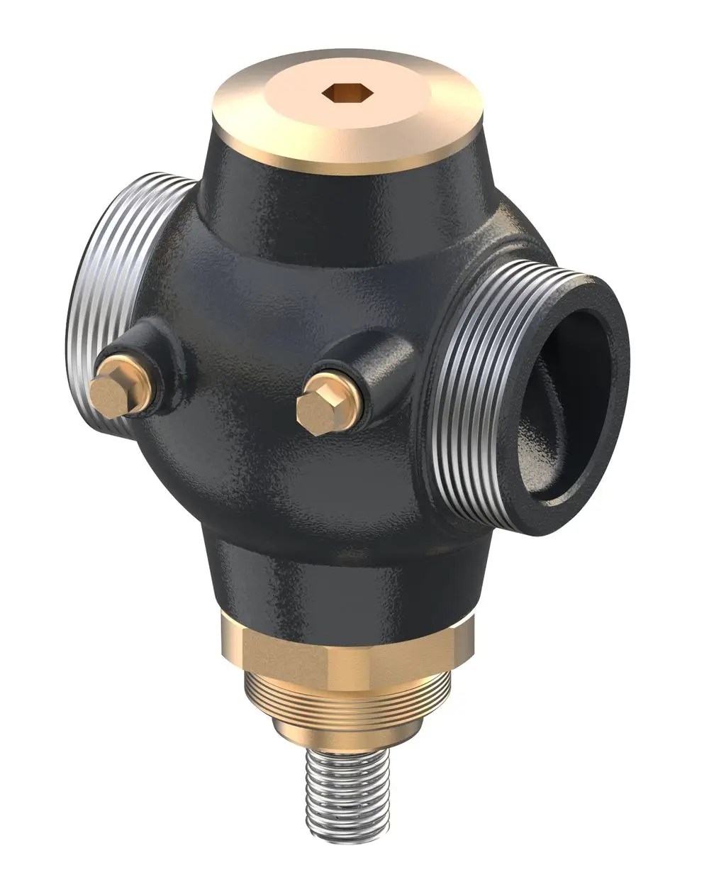 Durchgangsventil von Danfoss mit mehreren Anschlüssen, gefertigt aus GGG-40, ideal für Anwendungen im Bereich der Fluidtechnik.